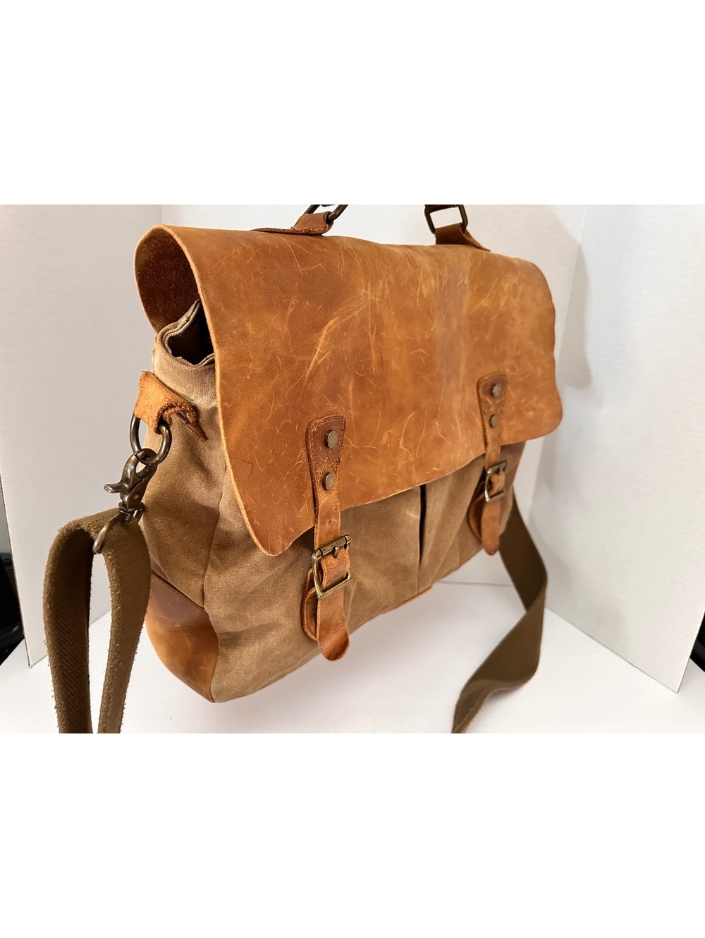 Vintage Thick Waxed Canvas & Genuine Leather Brown Messenger Bag